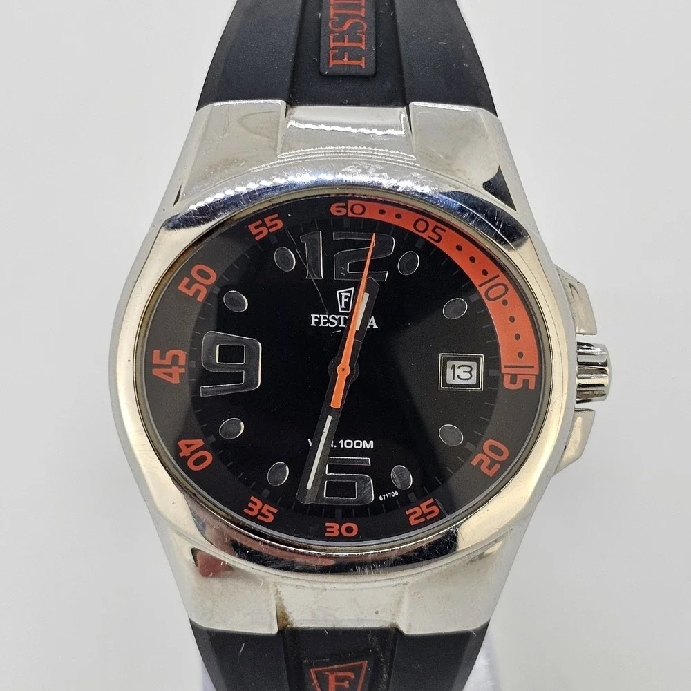 Festina Depose Men's Watch 38MM Black Dial Date Black Plastic Bands New Battery